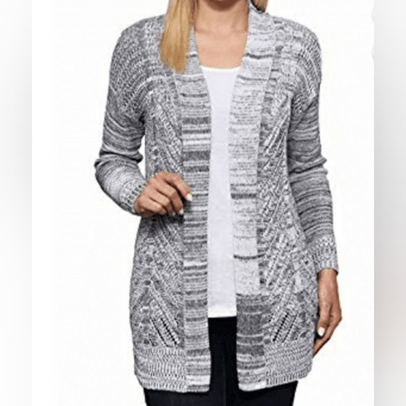 Leo & Nicole Sweaters - Leo & Nicole Women's Grey & Tan Marled Rib Trim Long Sleeve Cardigan- Size S